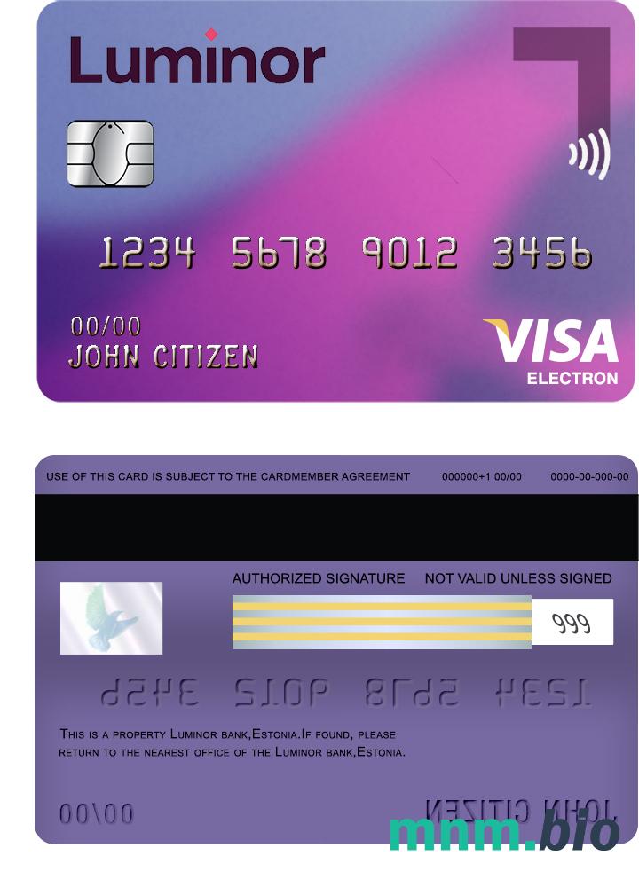 Estonia Luminor Bank visa electron karta karta przykład w formacie PSD